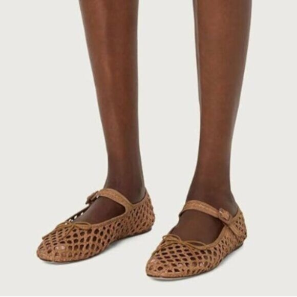 Miss Left Brown Cutout Bowknots Ankle Strap Mary Jane Round Toe Ballet Flats - Picture 1 of 8